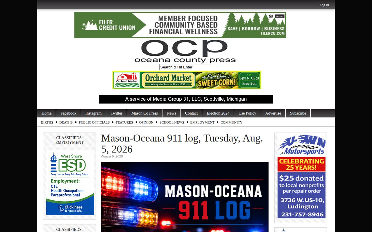 Oceana County crime record from a Mason-Oceana 911 dispatch log